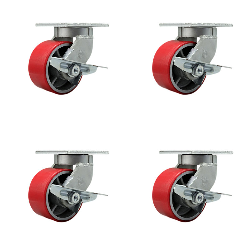 Roulettes en polyuréthane robuste sur fonte, Rouge