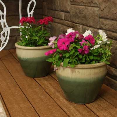 Chalet 11.75" x 11.75" x 9.5" Round Ceramic Outdoor Planter 2-Count - Seafoam