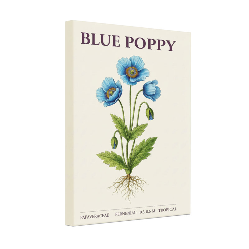 Plantes et fleurs, coquelicot bleu, imprimé botanique, H 36 po x l 24 po