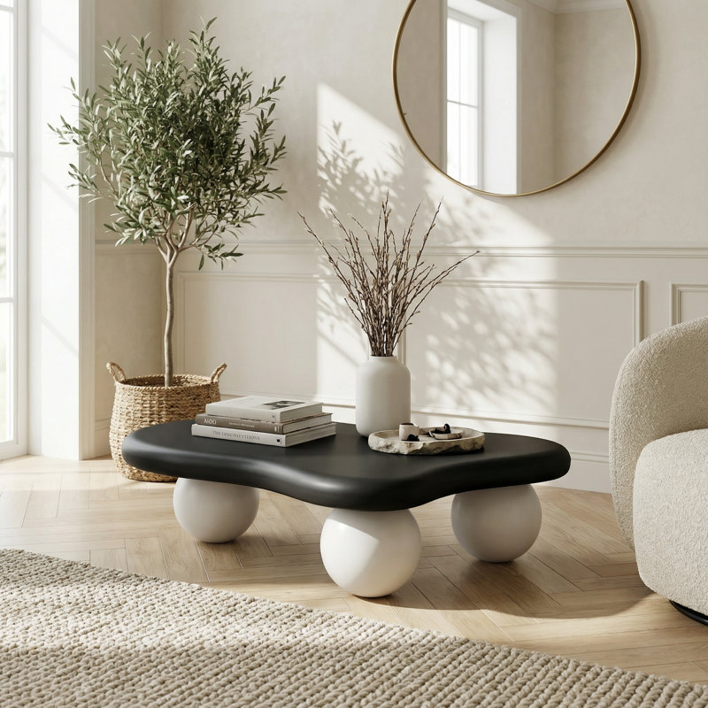 Table basse de 47 pouces en forme de nuage avec trois pieds sphériques pour meubles de salon, Noir, Blanc