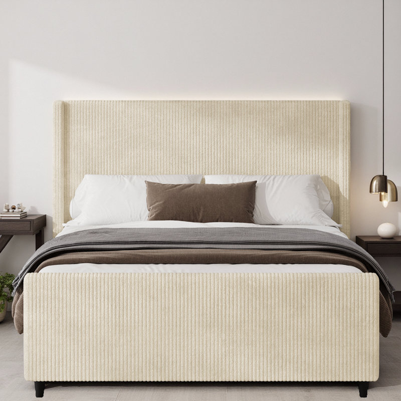 Lit plateforme tapissier en velours côtelé de 50,7 po de hauteur avec tête à oreilles, Grand lit