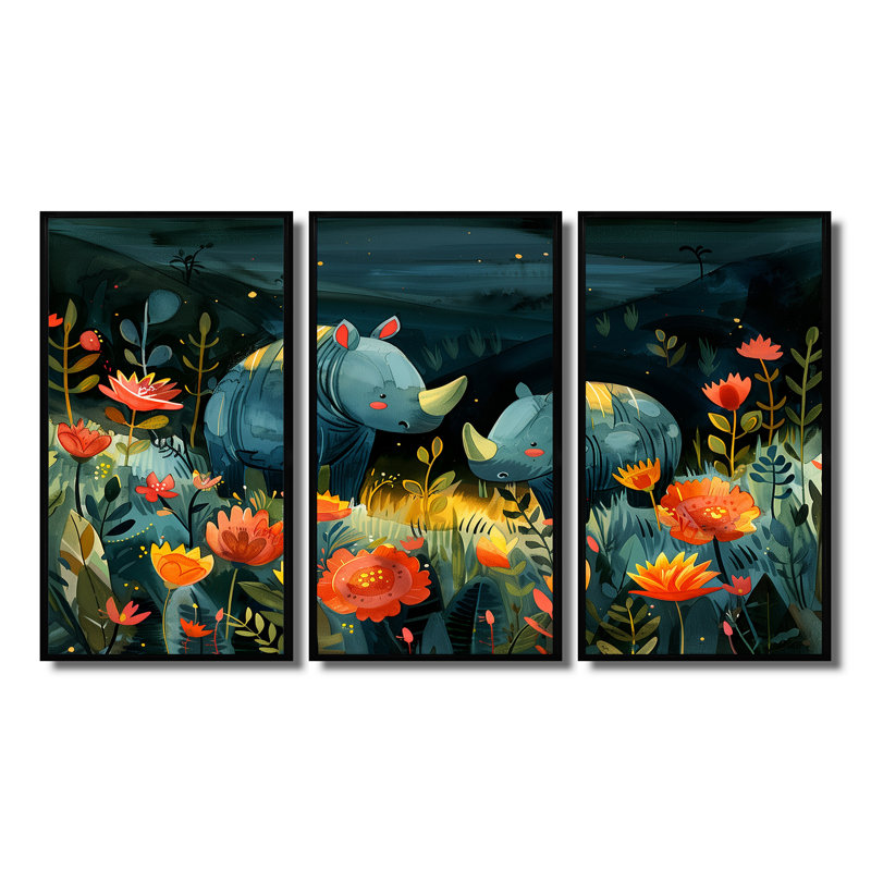 Teeya - Rhinoceros, H 28 po x l 12 po x P 1 po, Toile avec cadre flottant noir