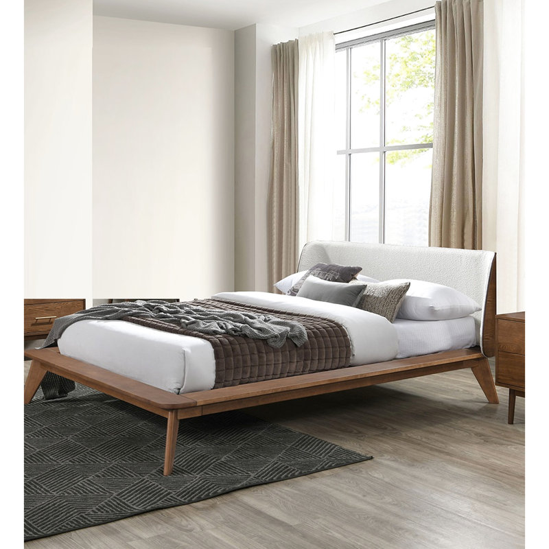 Grand lit en bois de noyer massif, lit plateforme moderne de style Mid-Century avec tête de lit à oreilles en tissu et pieds en angle effilés, cadre de couleur matelas, tête de lit, moderne,