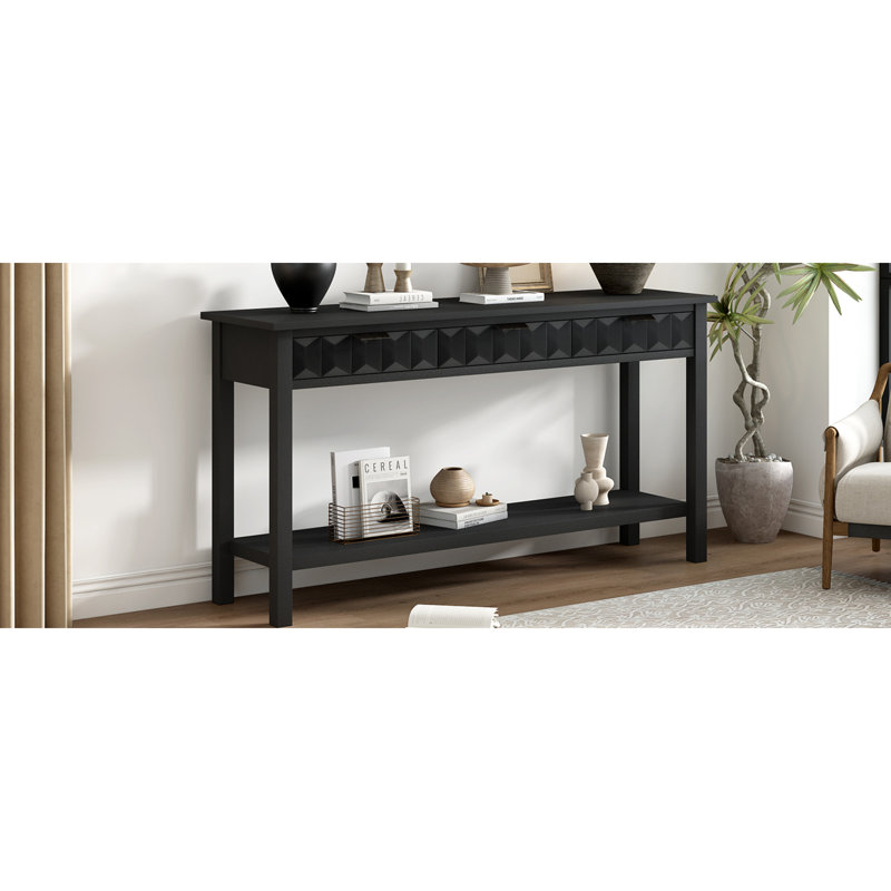 Console d'entrée de 147 cm (58 po) en placage de sapin, façades de tiroirs alvéolées et pieds en sapin massif, meuble de rangement noir