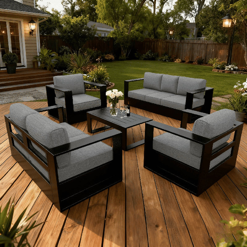 Modern Outdoor Aluminum 5-piece Conversation Set With Coffee Table, Black, Dark Grey