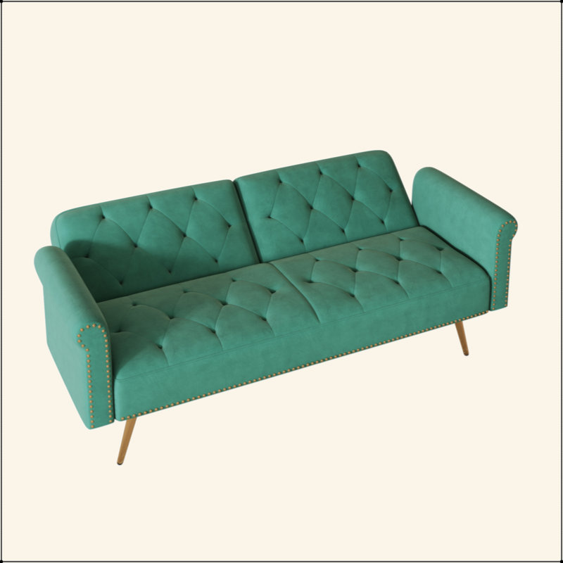 Un canapé-lit de 69,7 pouces de long recouvert de tissu de velours, avec une garniture cloutée et un coussin décoratif assorti