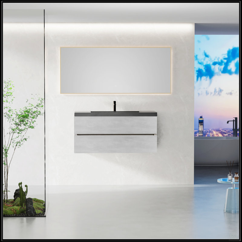 Meuble-lavabo flottant de 48 po avec lavabo, meuble de rangement mural moderne, plateau en sable noir quartz, tiroirs à fermeture en douceur, gris ciment