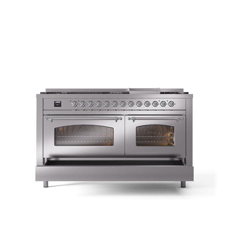 ILVE Nostalgie II 60 Dual Fuel Range, 9 Burners, Griddle, Stainless Steel/Chrome, Liquid Propane