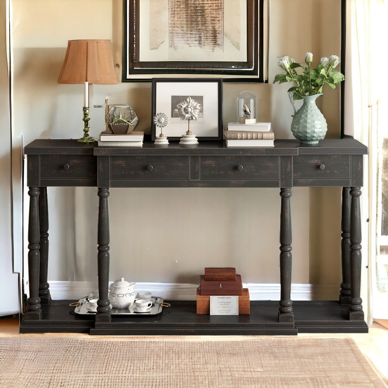 Console rétro | 4 tiroirs de rangement à l'avant et 1 tablette | pour le couloir, le salon, la chambre à coucher