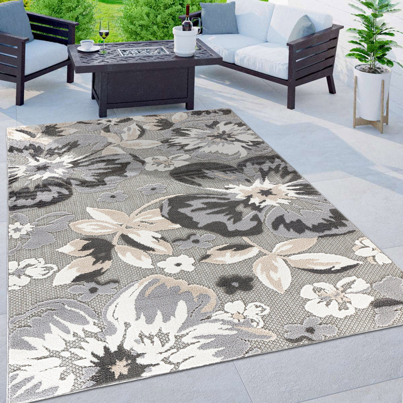 Tapis floral intérieur / extérieur gris, Rectangle 5 pi x 7 pi