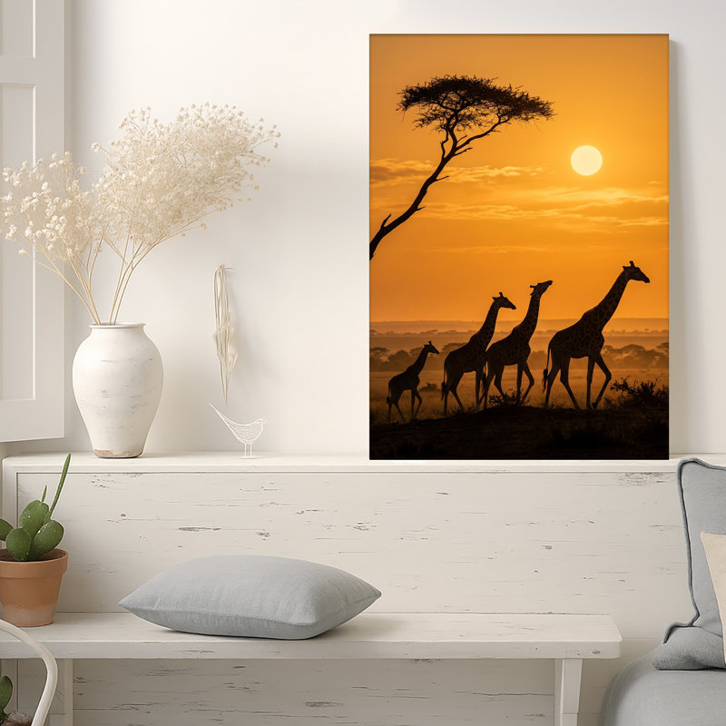 «Giraffes Silhouette Walking Pass Acacia Tree at Golden Sunset», art mural sur toile, 40"H x 28"W