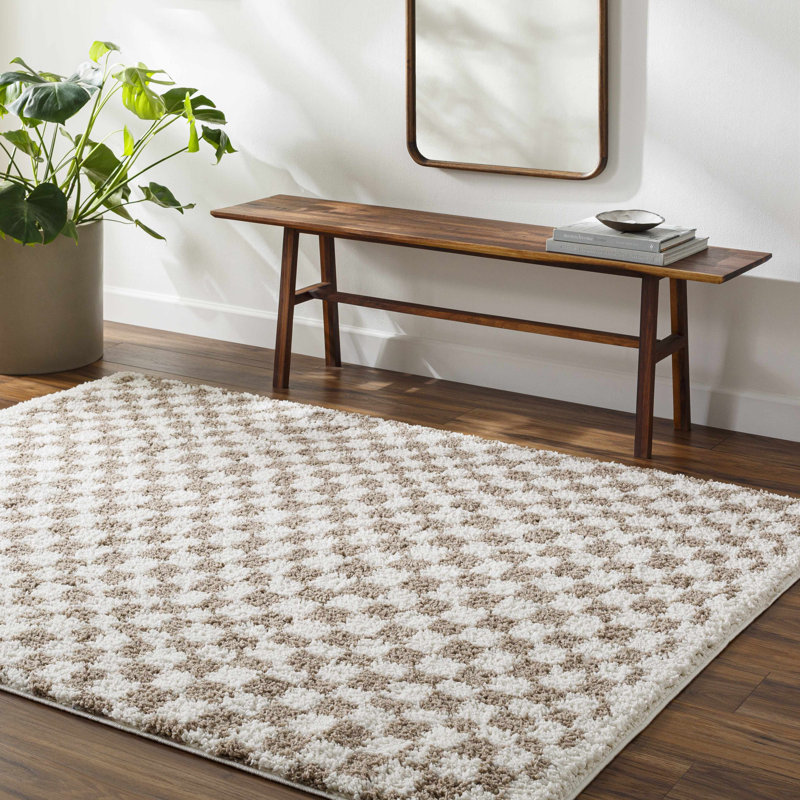 Cabble Rectangle Checkered Machine Woven Polyester Area Rug in Tan/White, Rectangle 7'10" x 10'
