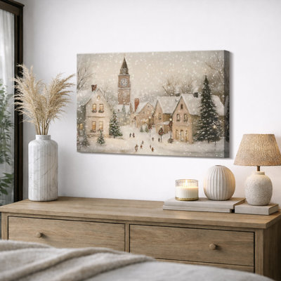 Vintage Winter Snowy Village Landscape Country Christmas Holiday Decor Framed Canvas Print Wall Art