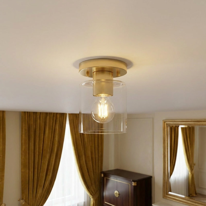 1-Light Semi-Flush Mount Cylinder Glass Shade Light(Gold), Gold