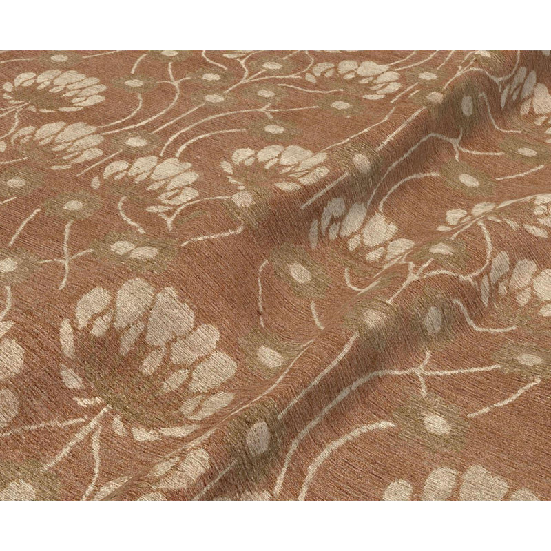 Tapis floral en soie / laine noué à la main couleur terre cuite / vert / beige, Rectangle 3 pi x 5 pi