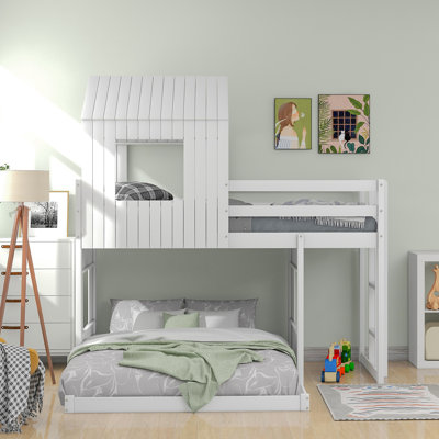 Lit superposé simple au-dessus d'un lit double en bois avec maisonnette, lit mezzanine de ferme, échelle et garde-corps pour enfants, gris antique