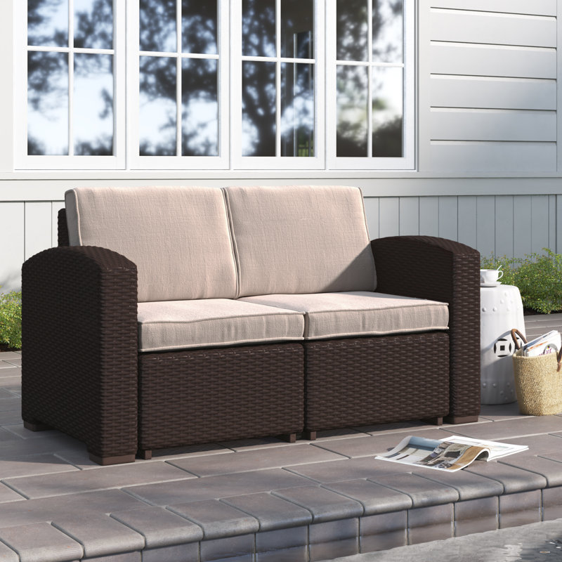 Alderman Faux Rattan Loveseat with All-Weather Cushions, Brown/Beige