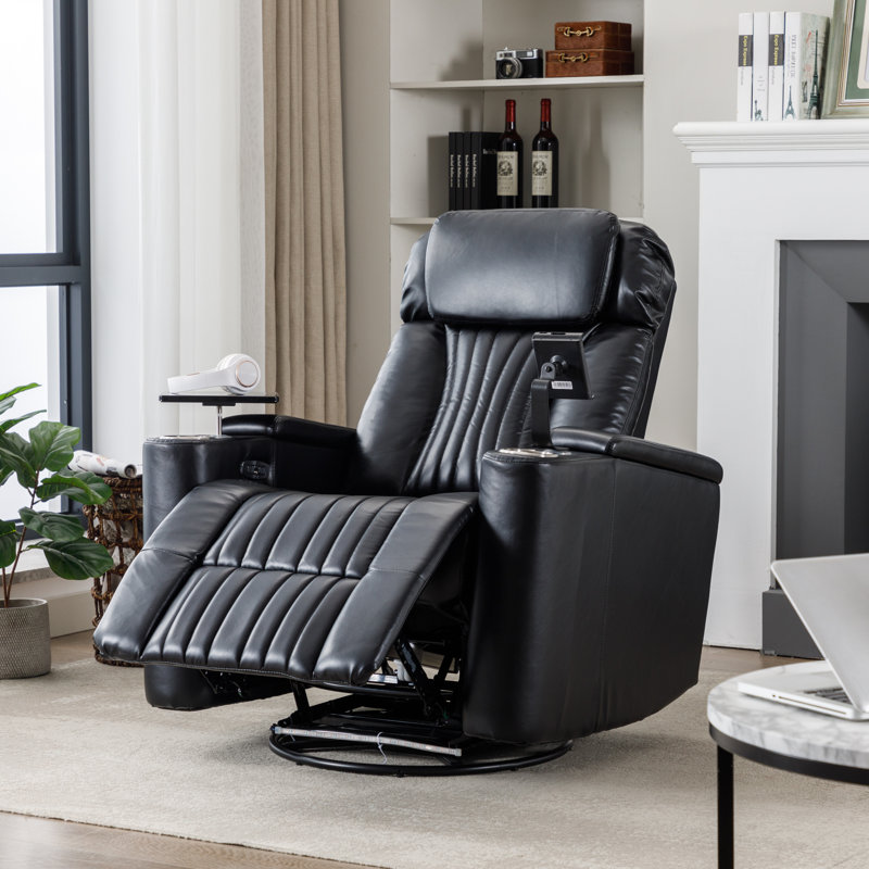 270° Power Swivel Recliner With Hidden Arm Storage And LED Light Strip,Cup Holder,360° Swivel Tray Table,And Cell Phone Holder ,Grey