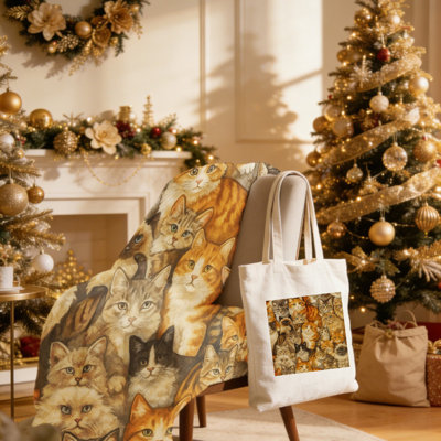 Ensemble de 2 cadeaux de Noël réalistes pour chats douillets: couverture en flanelle 30 po x 40 po + fourre-tout en toile 15,75 po x 13,78 po - Ensemble de décoration festive pour animaux de compagnie