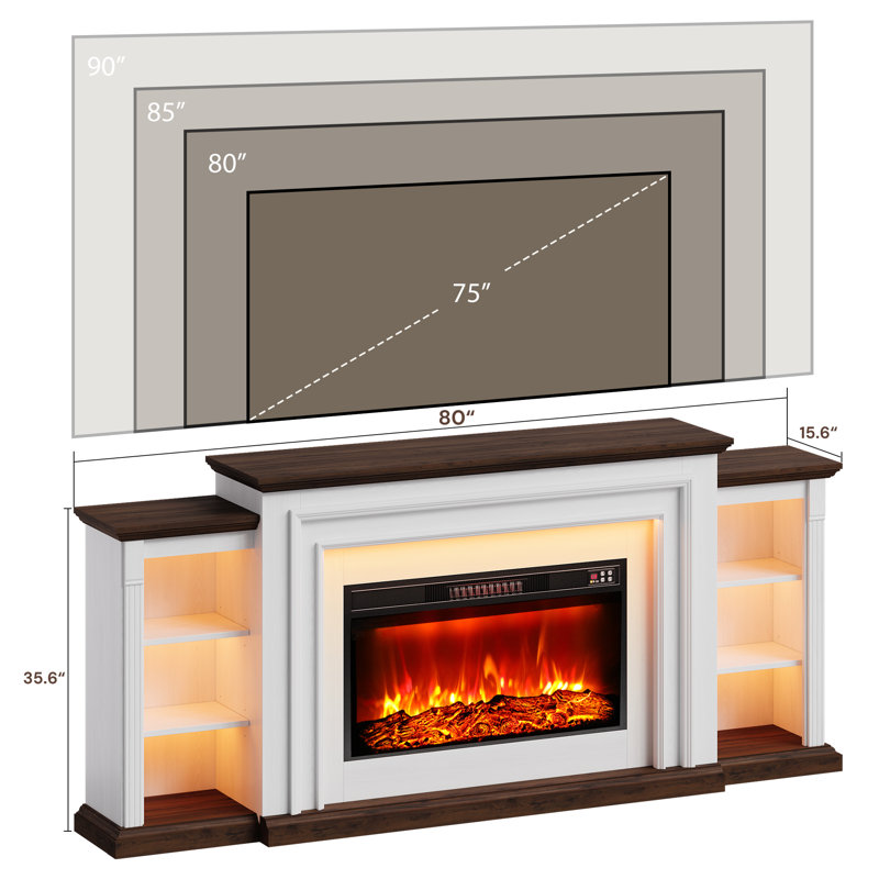 80" Led Electric Fireplace With Mantel, Fireplace Tv Stands For 90 Inch Tv, Modern Entertainment Center With Storage, Brown
