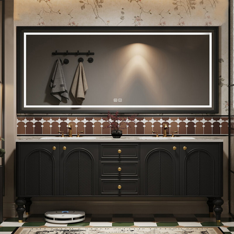 Armoire de salle de bain double à double cuve rétro, Noir, 79"