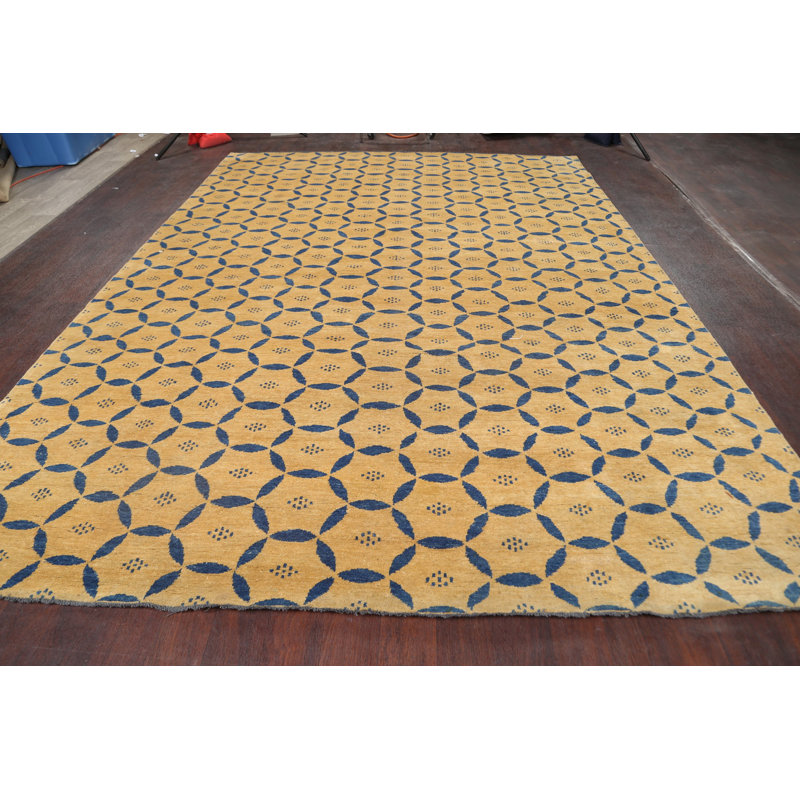 Tapis décoratif beige/bleu en laine de conception unique 8 pi 4 po x 11 pi 4 po noué à la main New Age