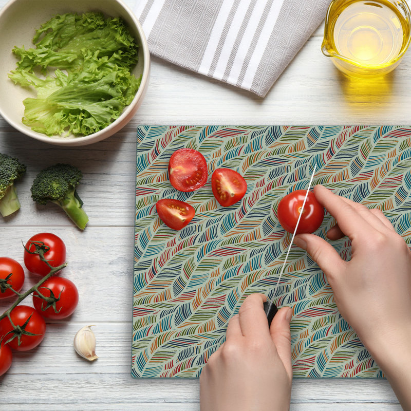 Ambesonne Boho Cutting Board Large Size Abstract Feather Wave Multicolor
