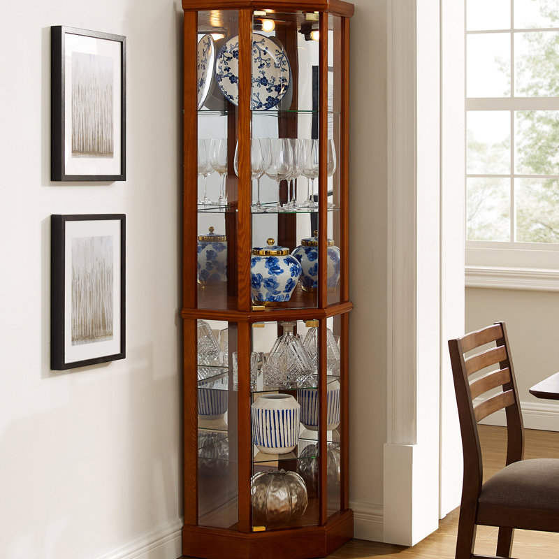 6-Shelf Display Cabinet With Mirror Back, Adjustable Glass Shelves In Oak Lighted Curio 6 Shelves, Glass, Mirrored Decoration