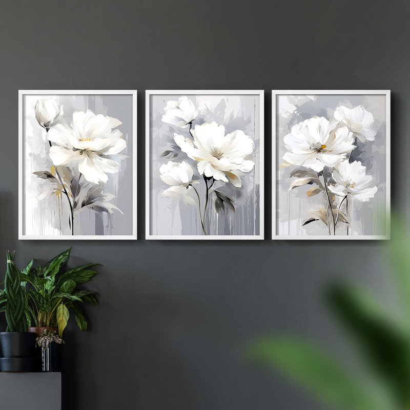 Étude florale série CXLV III -Set de 3 estampes giclées encadrées -Prêt à, Cadre blanc, H 20 po x l 16 po