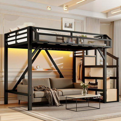 Lit mezzanine simple noir TG à grain de bois avec escalier de rangement, garde-robe encastrée, tablettes, ports USB, lumières à DEL, structure antibruit, aucun sommier nécessaire