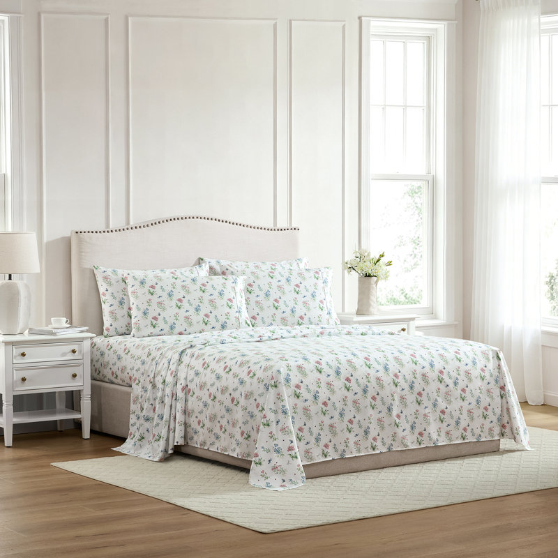 Ensemble de draps imprimés Lenox 6 pièces, draps doux et confortables, imprimés élégants, entretien facile, certifié OEKO-TEX, rose prairie papillon, Queen