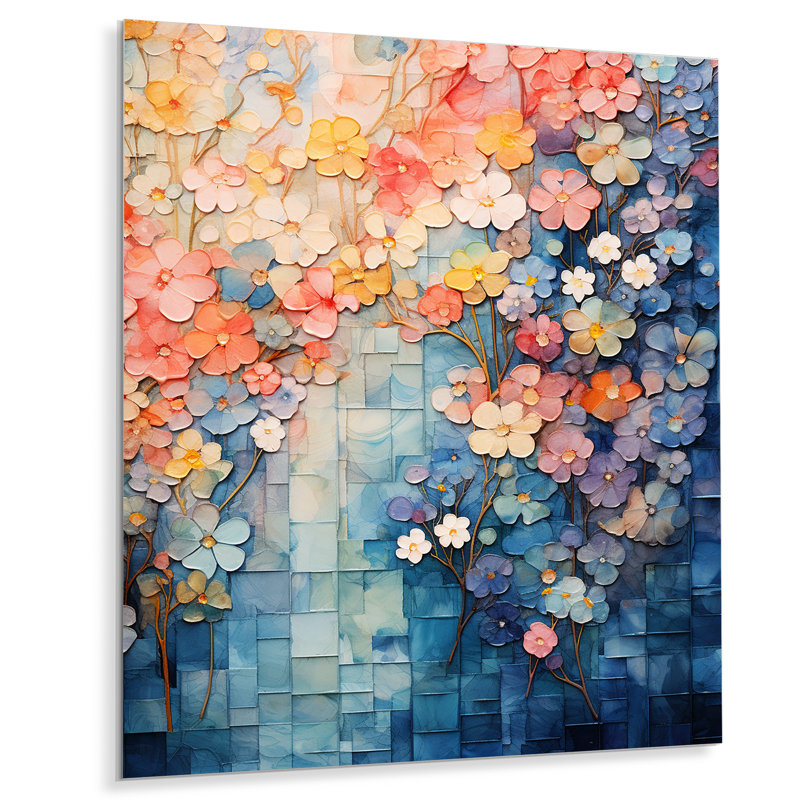 «Blue Japon Blooming Tree Landscape», art mural floral abstrait en métal, H 32 po x l 16 po x P 1 po
