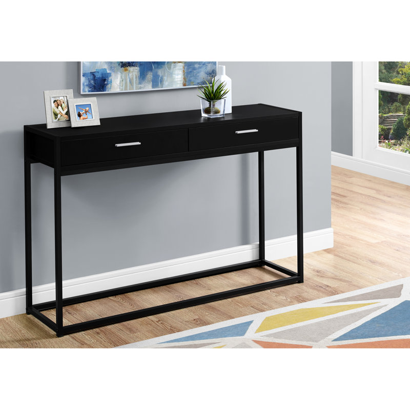 Console de salon avec tiroir - stratifié noir, pieds de table en stratifié avec pieds en métal, tiroir de rangement, moderne