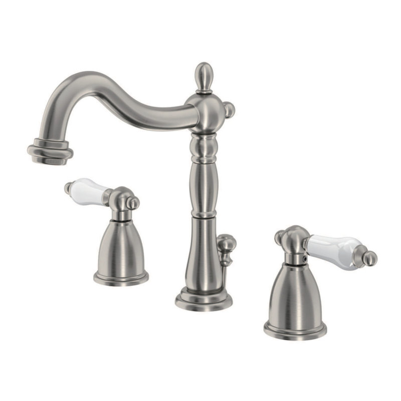 Kingston Brass Heritage Two-Handle 3-Hole Deck Mount Widespread Bathroom Faucet with Pop-Up Drain, Brushed Nickel