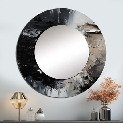 Parmjit noir texturé Splash Paint Art II - peinture abstraite grand miroir mural, miroir rond noir unique, art imprimé en métal