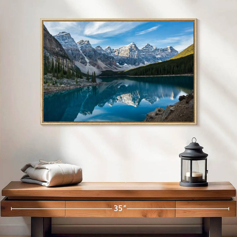 Lac Moraine dans la vallée, Cadre flottant en bois naturel, 25 po x 17 po