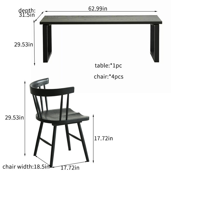 Solid wood ash wood simple black dining table sets, 29.53"H x 62.99"L x31.5"W