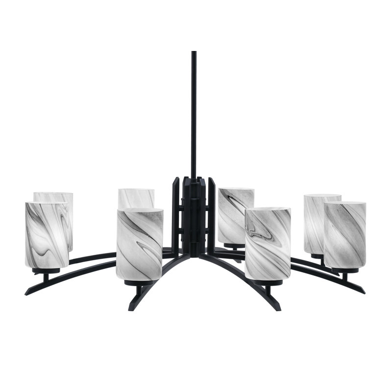 Lustre 8 lumières kurve au fini noir mat avec verre tourbillon onyx de 4 po