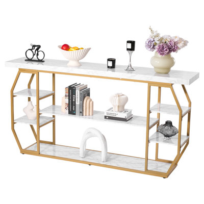 3 Tiers Marble Console Table Modern Golden Geometric Large Console Table