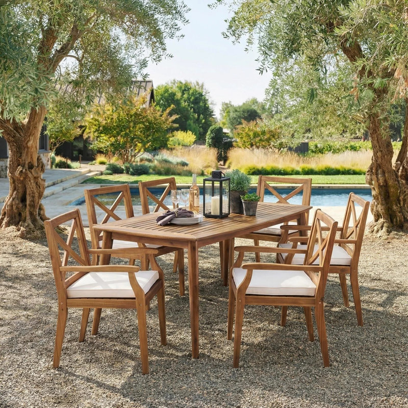 Ortonville 6 - Person Wood Patio Dining Set with Rectangular Table , Cushions Included, Cream