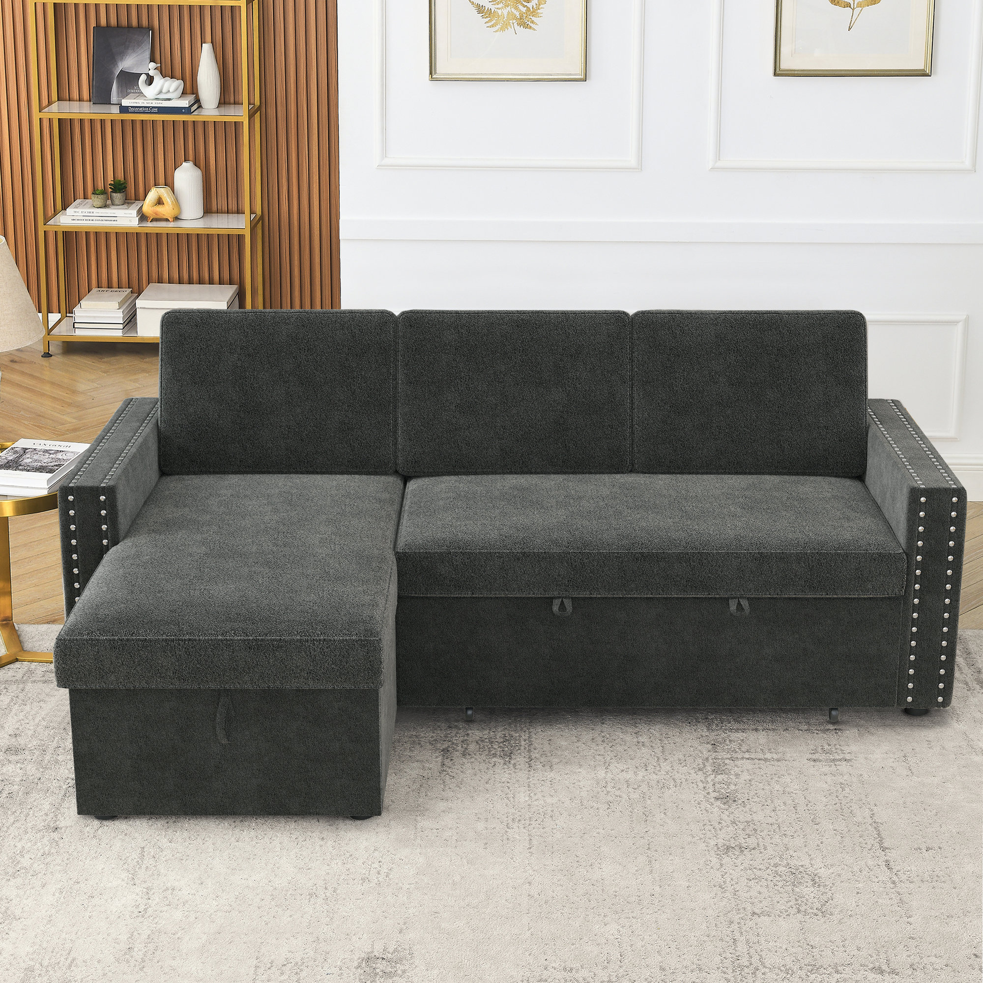 Ebern Designs Sectional L-shaped Sofa Couch Bed Chaise Sleeper Pull Out ...
