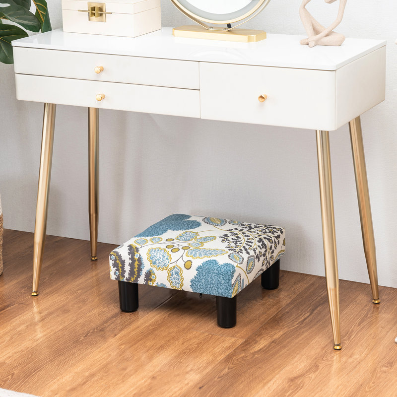 15.7'' Wide Square Footstool Upholstered Ottoman, Blue/White/Yellow