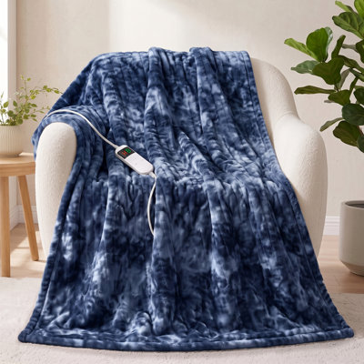 PFASDFW Heated Throw Blanket, Electric Throw Blanket with Faux Fur and Sherpa, 10 Heat Settings, 8-Hour Auto Shut-Off, Overheat Protection, Machine Washable, Tie-Dye, Navy, 72" x 84"