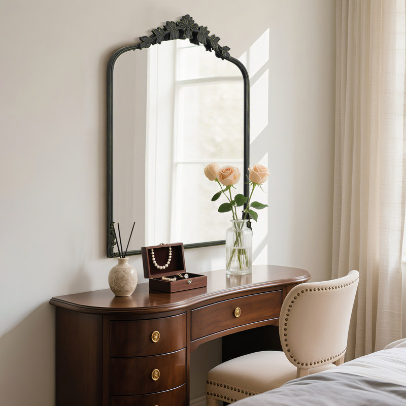 Vintage Metal Wall Mirror – Ornate Antique Vanity Mirror with Iron Frame, 36” x 28”, Black