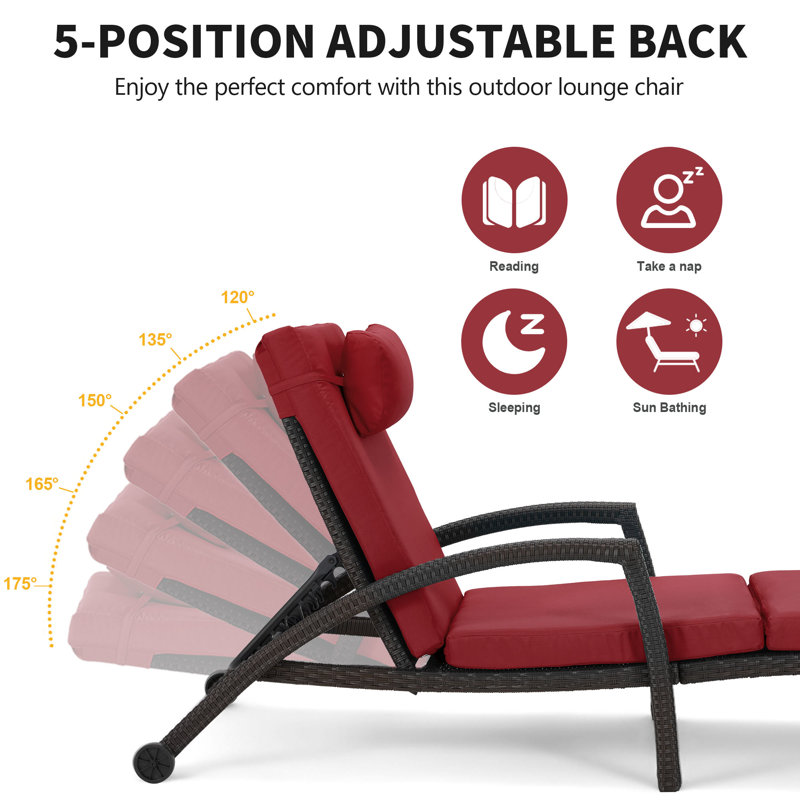 Red and Black Adjustable Wicker Outdoor Chaise Lounge Set