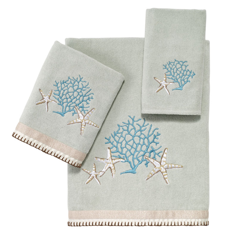 Seafoam Cotton Bath Towel with Starfish and Coral Embroidery