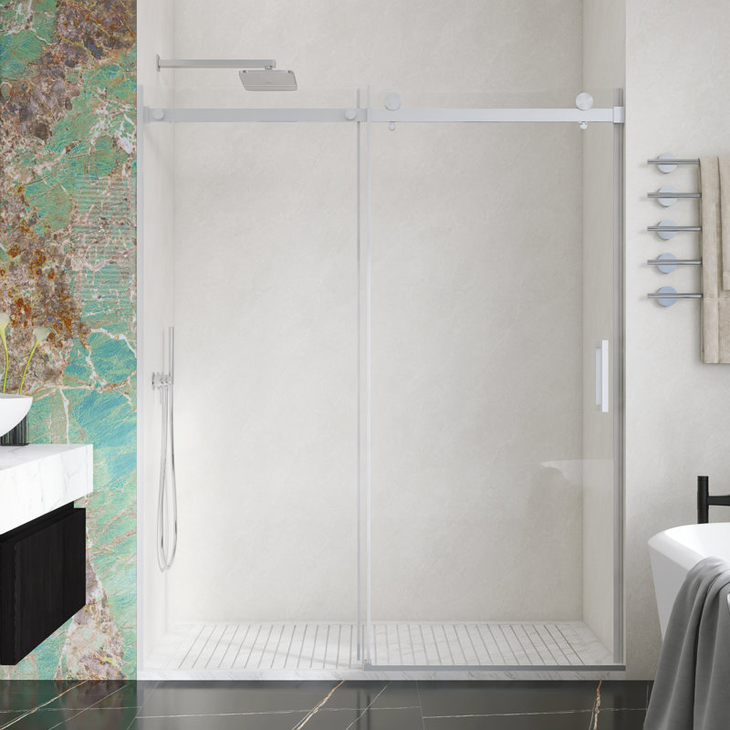 56" - 60" X 72" Frameless Sliding Shower Door With 5/16" (8Mm) Thick SGCC Tempered Clear Glass, With Buffer, Brushed Nickel