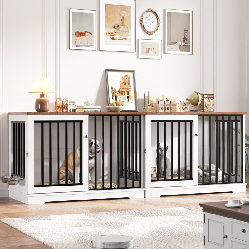 47.2''W Sturdy Large Dog Crate Furniture with 2 Feeding Bowls, Brown/White