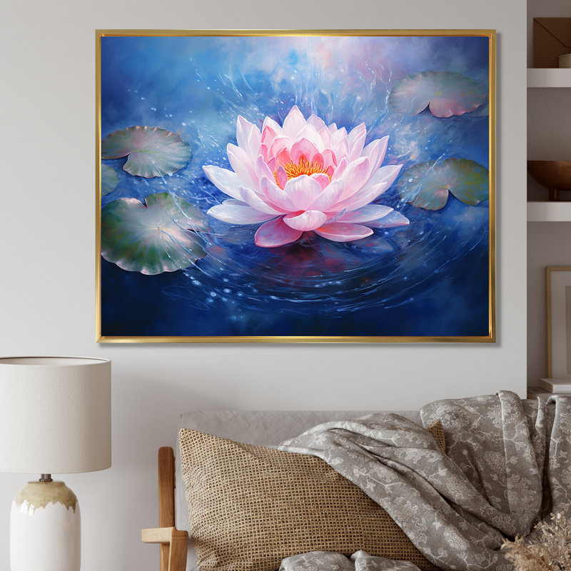 Impression sur toile Lotus Luminescence I, Cadre flottant doré, H 16 po x l 32 po x P 1 po
