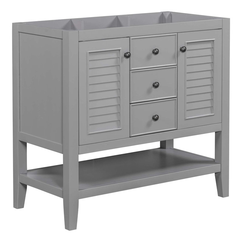 (Base seulement) Meuble-lavabo sans lavabo, 2 armoires et tiroirs, tablette ouverte, Gris